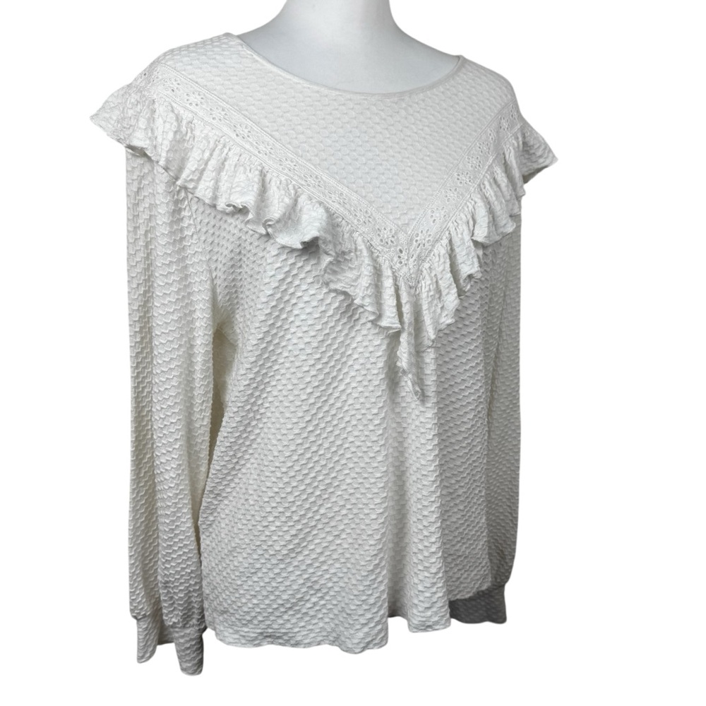 J. Crew White Honeycomb Ruffle Textured Long Sleeve Blouse Top Large - Picture 3 of 9